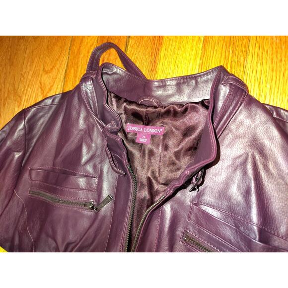 Jessica London Burgundy Leather long Jacket Sz 26 - Picture 2 of 8